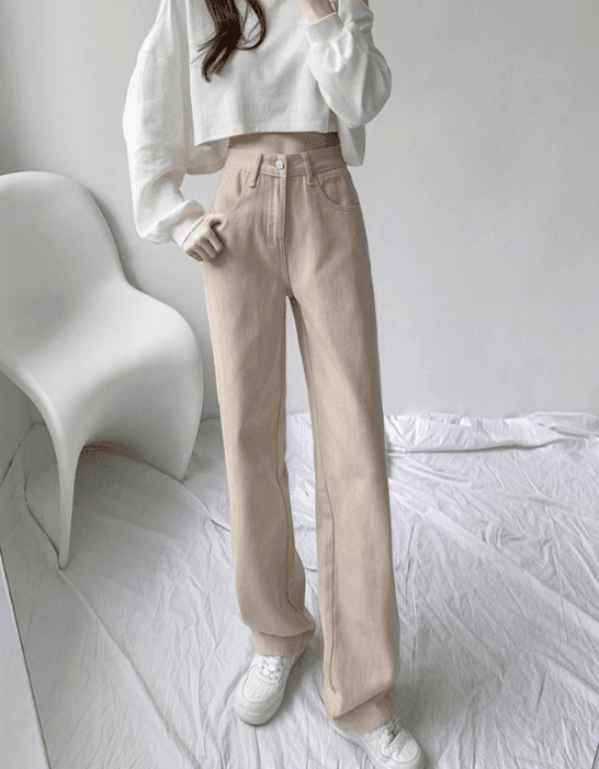 骨格ウェーブ服ハイウエストストレートデニムパンツ