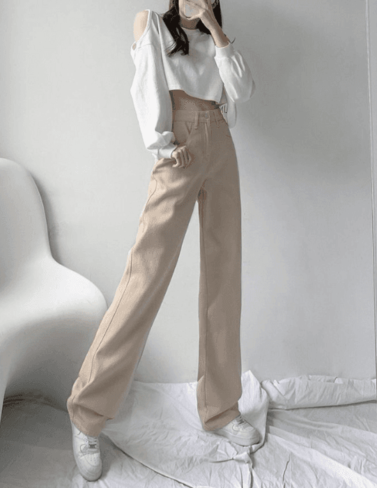 骨格ウェーブ服ハイウエストストレートデニムパンツ