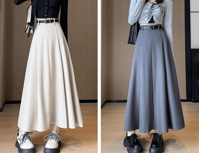 骨格ウェーブベルト付きプリーツロングフレアスカート