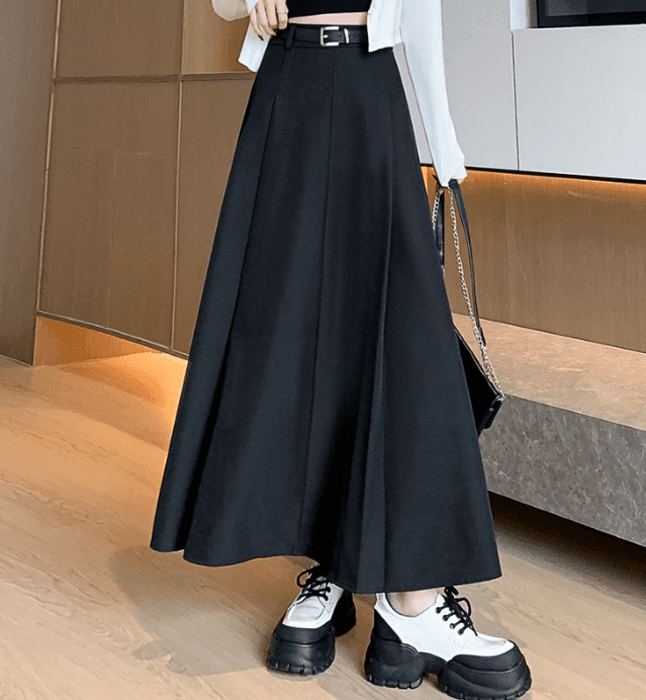 骨格ウェーブベルト付きプリーツロングフレアスカート