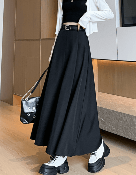 骨格ウェーブベルト付きプリーツロングフレアスカート