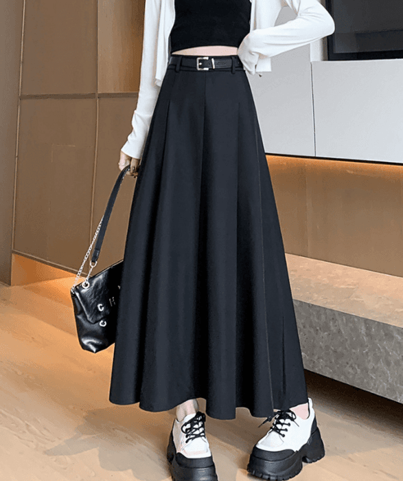 骨格ウェーブベルト付きプリーツロングフレアスカート