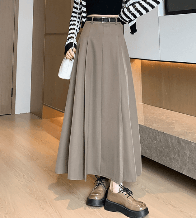 骨格ウェーブベルト付きプリーツロングフレアスカート