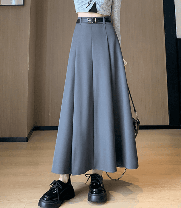 骨格ウェーブベルト付きプリーツロングフレアスカート