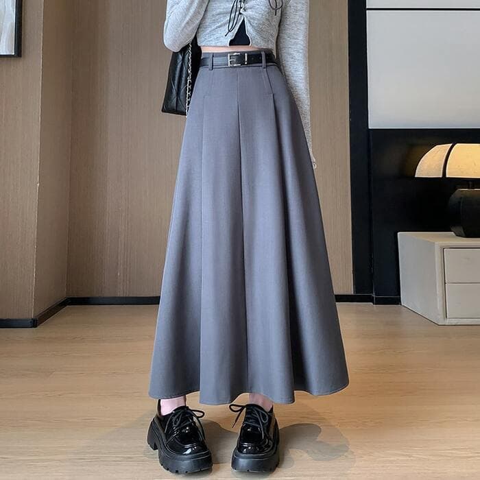 骨格ウェーブベルト付きプリーツロングフレアスカート