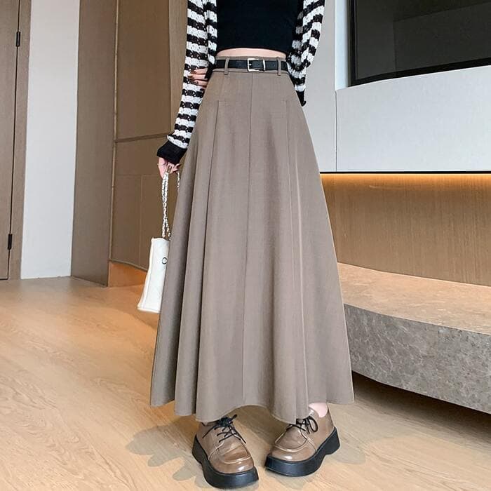 骨格ウェーブベルト付きプリーツロングフレアスカート