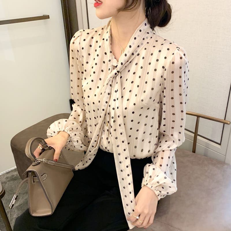 骨格ウェーブ服ドット柄2wayボウタイブラウストップス
