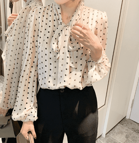 骨格ウェーブ服ドット柄2wayボウタイブラウストップス