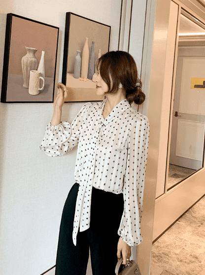 骨格ウェーブ服ドット柄2wayボウタイブラウストップス