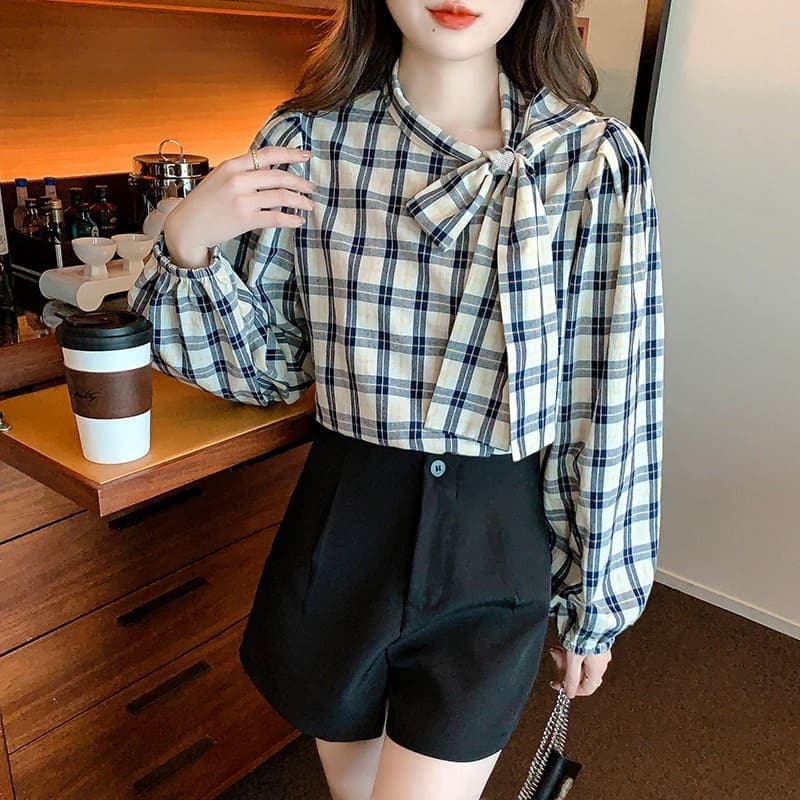 骨格ウェーブ服チェック柄サイドリボントップス