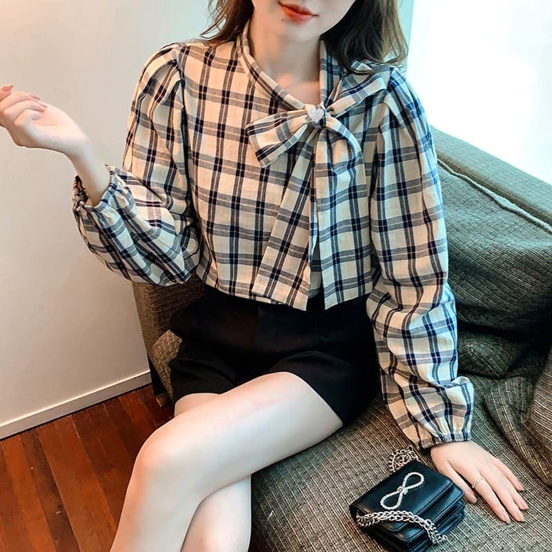 骨格ウェーブ服チェック柄サイドリボントップス