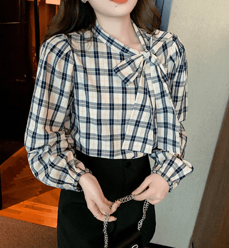 骨格ウェーブ服チェック柄サイドリボントップス
