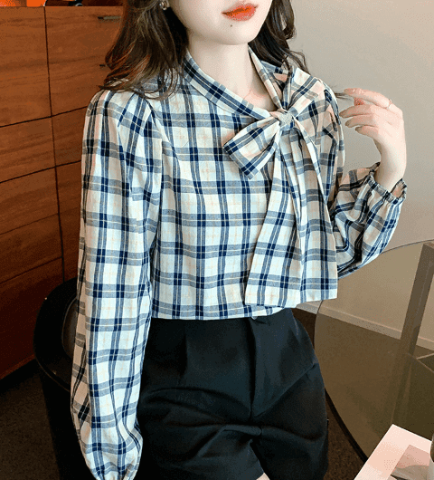 骨格ウェーブ服チェック柄サイドリボントップス