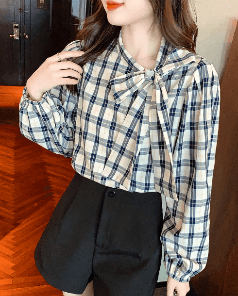 骨格ウェーブ服チェック柄サイドリボントップス