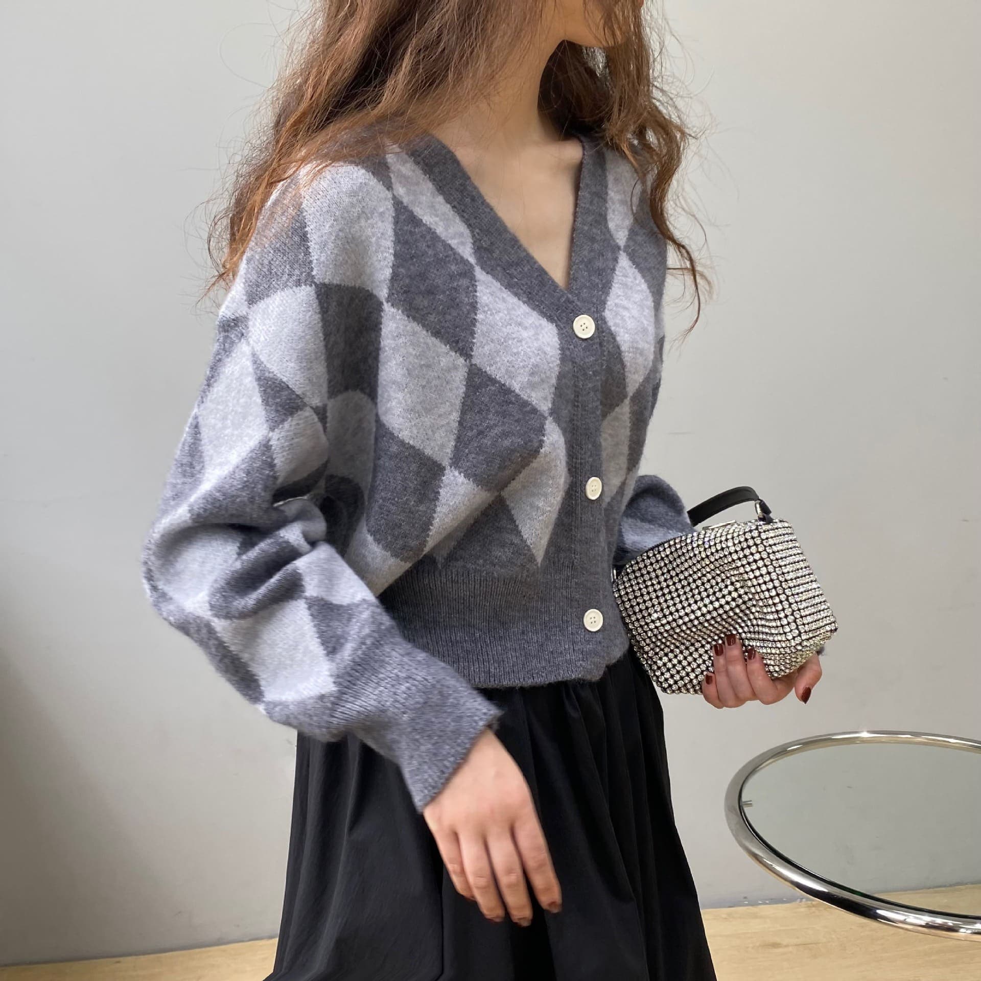 骨格ウェーブ服 アーガイル柄アウターカーディガン