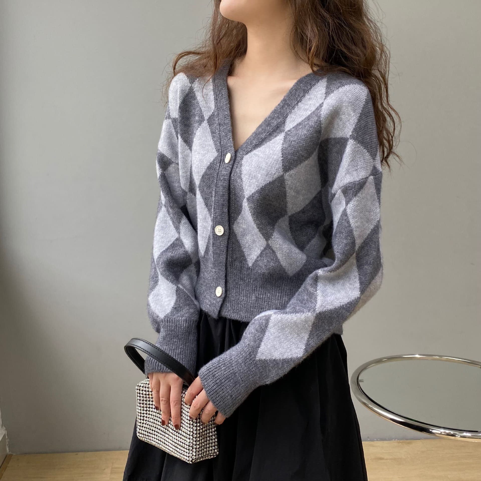 骨格ウェーブ服 アーガイル柄アウターカーディガン