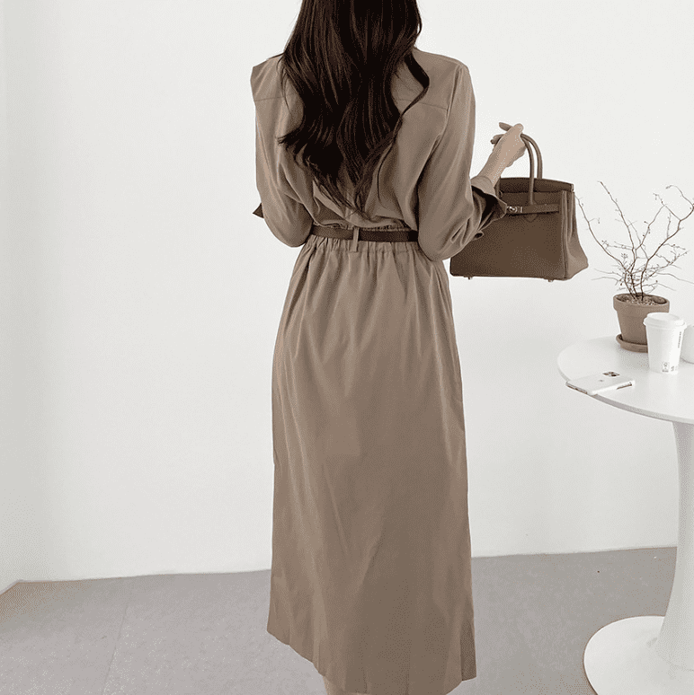 骨格ウェーブ服ベルト付きロングワンピース