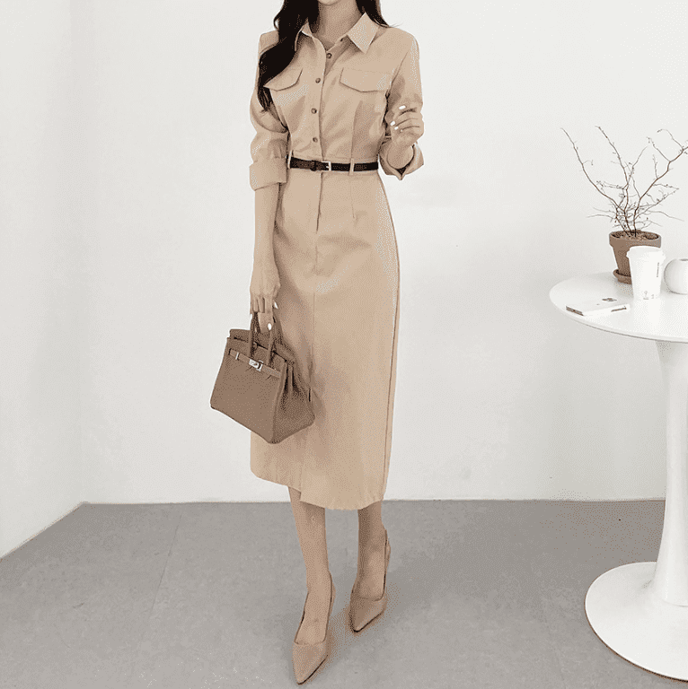 骨格ウェーブ服ベルト付きロングワンピース