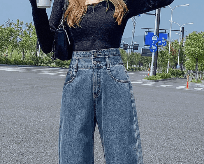 骨格ウェーブルーズワイドレッグストレートデニムパンツ