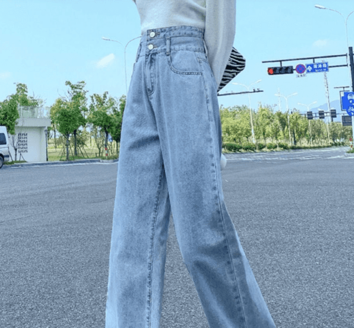 骨格ウェーブルーズワイドレッグストレートデニムパンツ