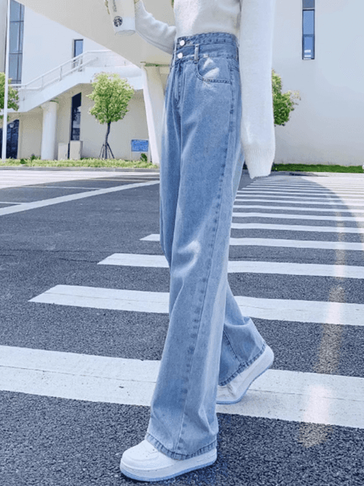 骨格ウェーブルーズワイドレッグストレートデニムパンツ