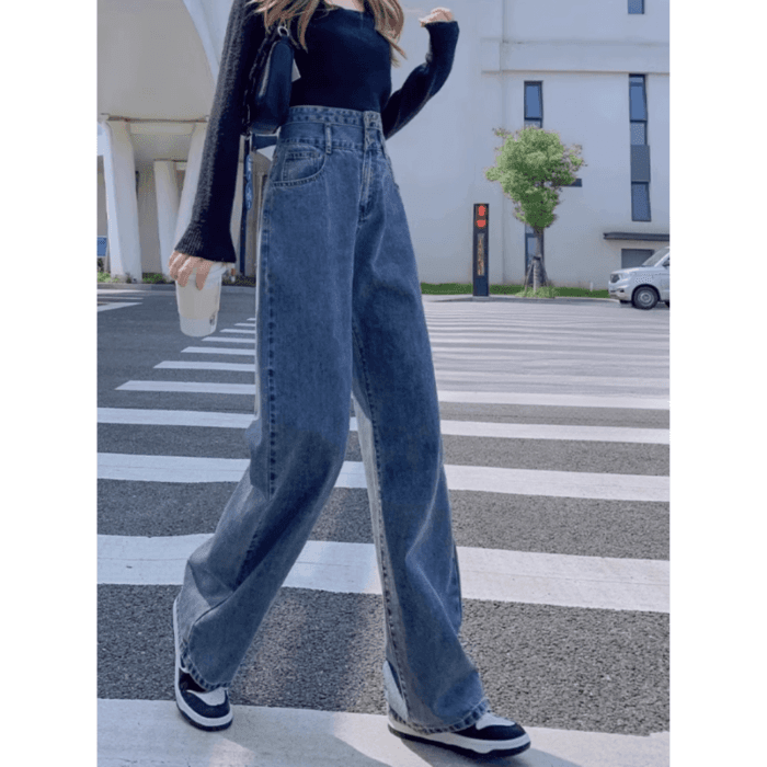 骨格ウェーブルーズワイドレッグストレートデニムパンツ