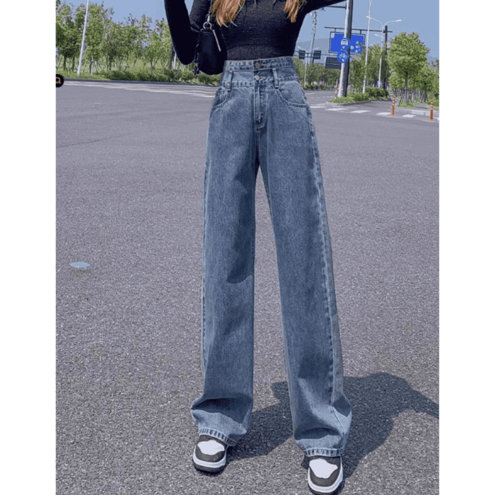 骨格ウェーブルーズワイドレッグストレートデニムパンツ