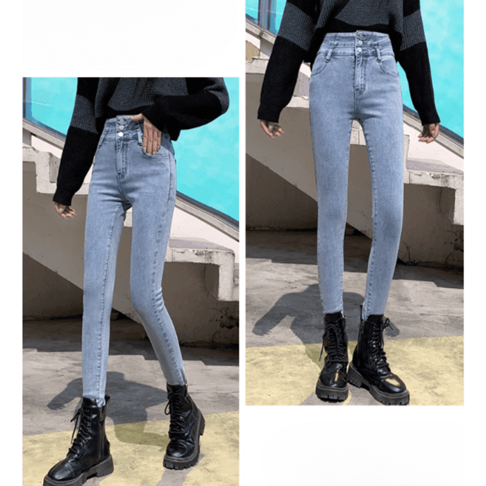 骨格ウェーブボタンハイウエストタイトフィットスキニーパンツ