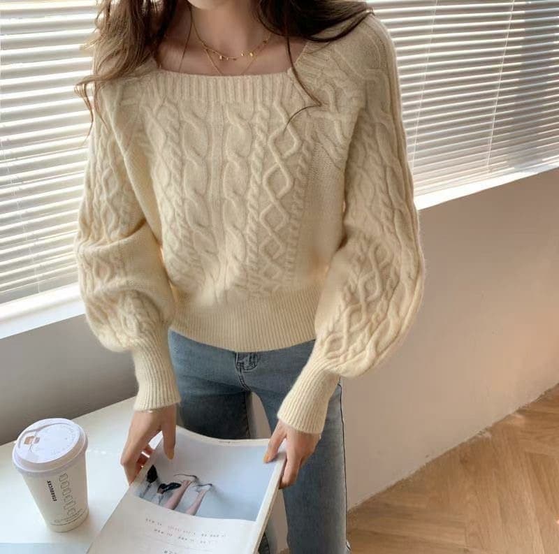 骨格ウェーブ服スクエアカラーニットトップス