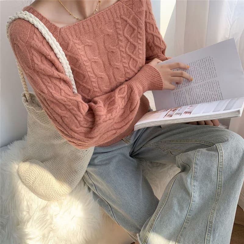 骨格ウェーブ服スクエアカラーニットトップス