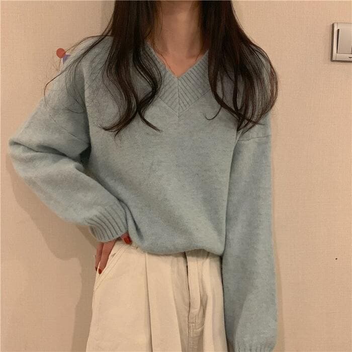 骨格ウェーブVネックセーター