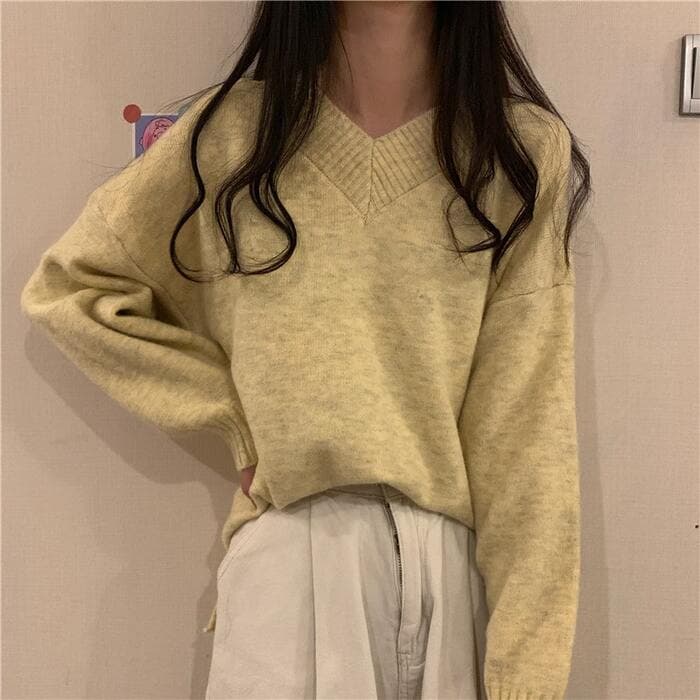 骨格ウェーブVネックセーター