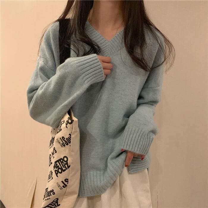 骨格ウェーブVネックセーター