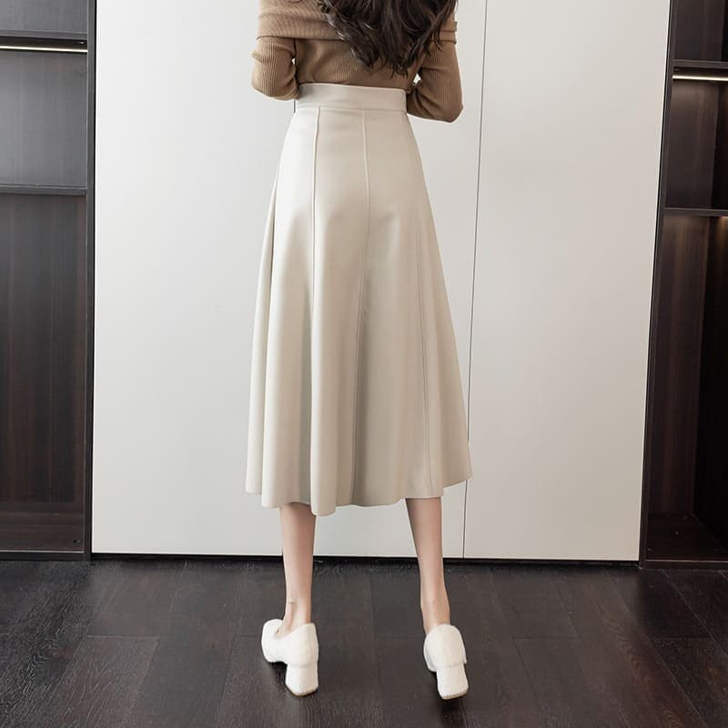 骨格ウェーブ服ハイウエストレザーフレアスカート