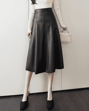 骨格ウェーブ服ハイウエストレザーフレアスカート