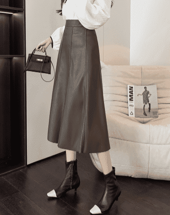 骨格ウェーブ服ハイウエストレザーフレアスカート