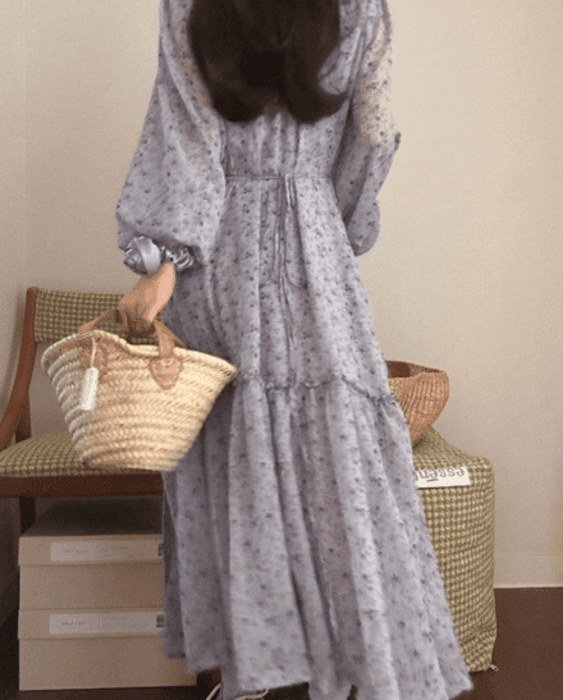 骨格ウェーブフラワープリントティアードカシュクールロングワンピース