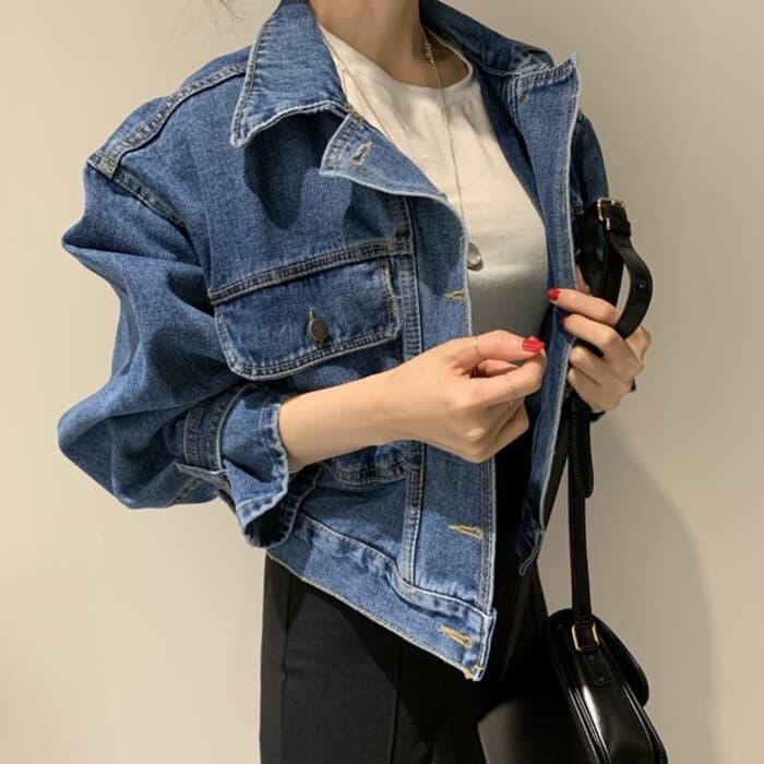 骨格ウェーブボリュームスリーブクロップドデニムジャケット