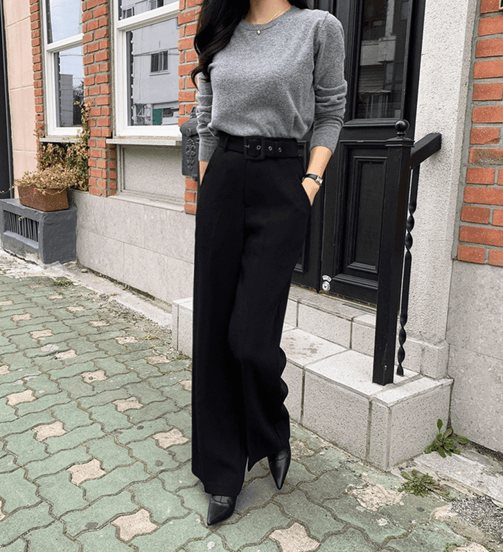 骨格ウェーブ服ベルト付きハイウエストフレアパンツ