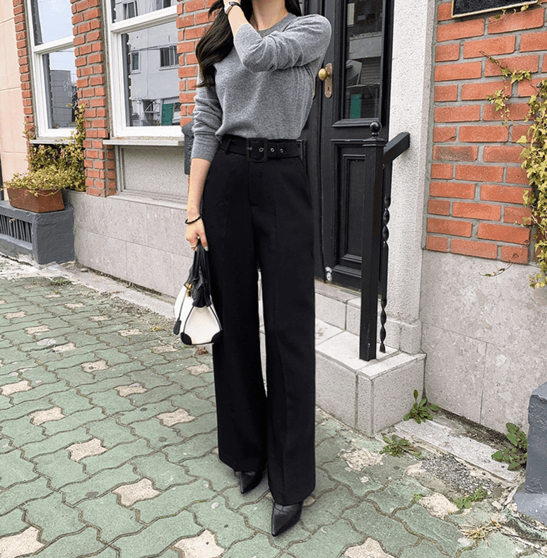 骨格ウェーブ服ベルト付きハイウエストフレアパンツ