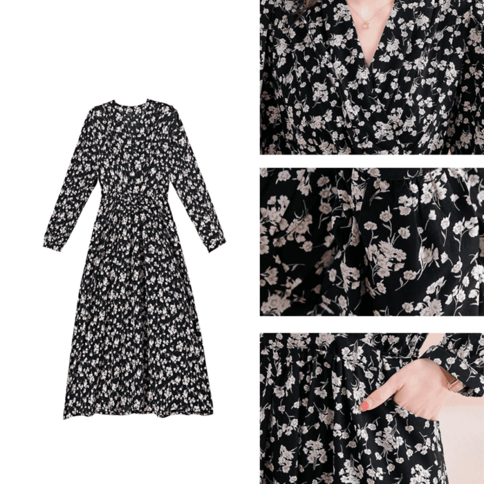 骨格ウェーブ花柄シフォンVラインネック長袖パフスリーブロングワンピース