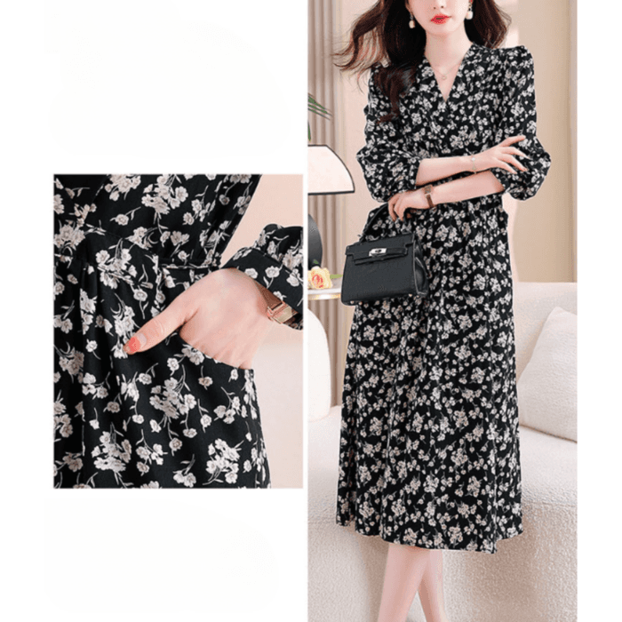 骨格ウェーブ花柄シフォンVラインネック長袖パフスリーブロングワンピース