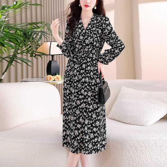 骨格ウェーブ花柄シフォンVラインネック長袖パフスリーブロングワンピース