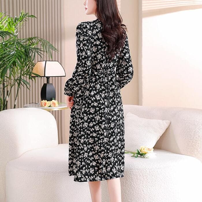 骨格ウェーブ花柄シフォンVラインネック長袖パフスリーブロングワンピース