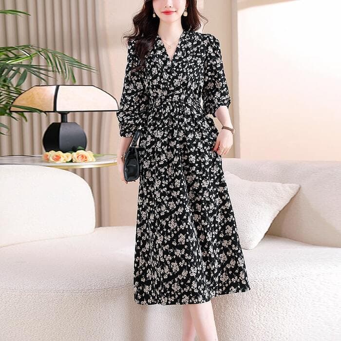 骨格ウェーブ花柄シフォンVラインネック長袖パフスリーブロングワンピース