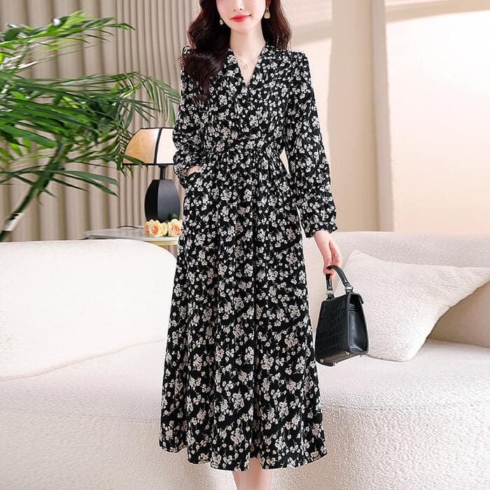 骨格ウェーブ花柄シフォンVラインネック長袖パフスリーブロングワンピース