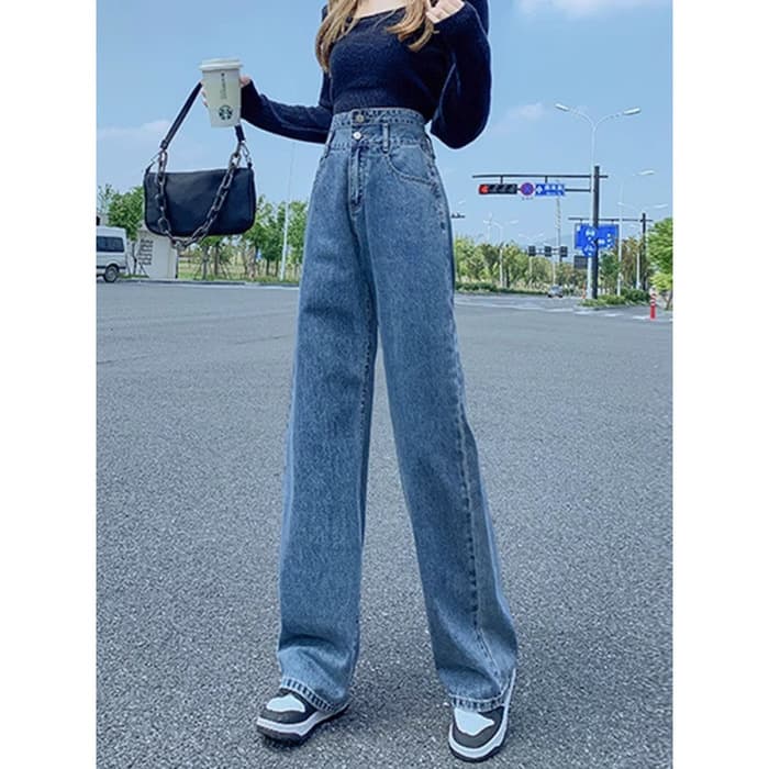 骨格ウェーブルーズワイドレッグストレートデニムパンツ
