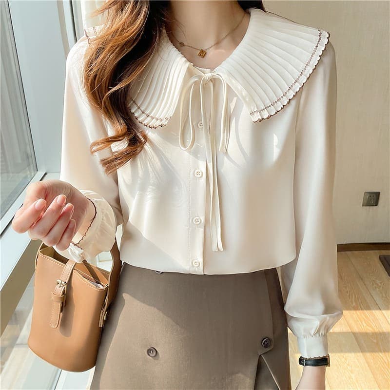 骨格ウェーブ服ビックカラーフリルトップス