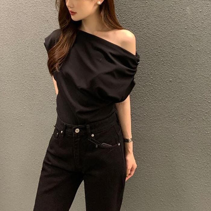 骨格ウェーブオフショルダー半袖Tシャツ