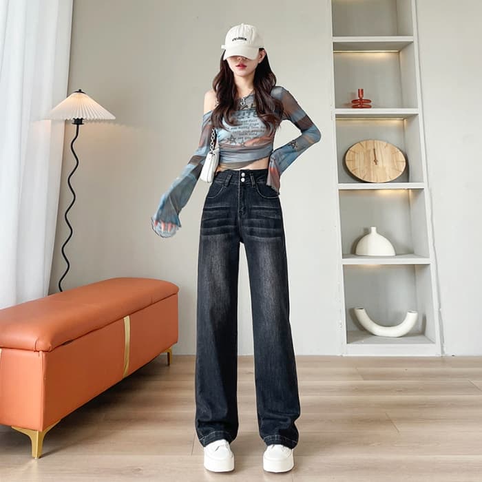 骨格ウェーブストレッチワイドデニムパンツ